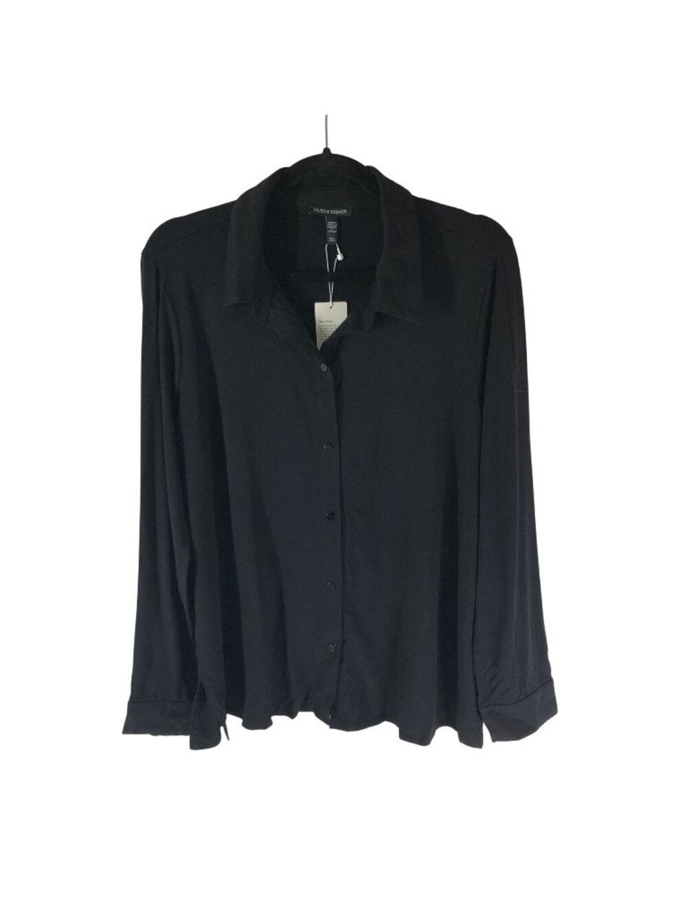 Eileen Fisher Black Classic Collar Slim Shirt L Tencel Blend Fine Jersey
